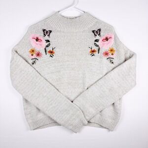 Womens Floral‎ Butterfly Embroidered Mock Neck Sweater Beige Large Cottagecore